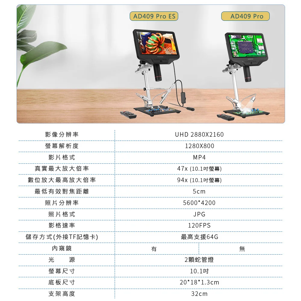 Andonstar AD409 Pro ES(含內窺鏡) 10.1吋螢幕HDMI/USB輸出數位電子顯微鏡